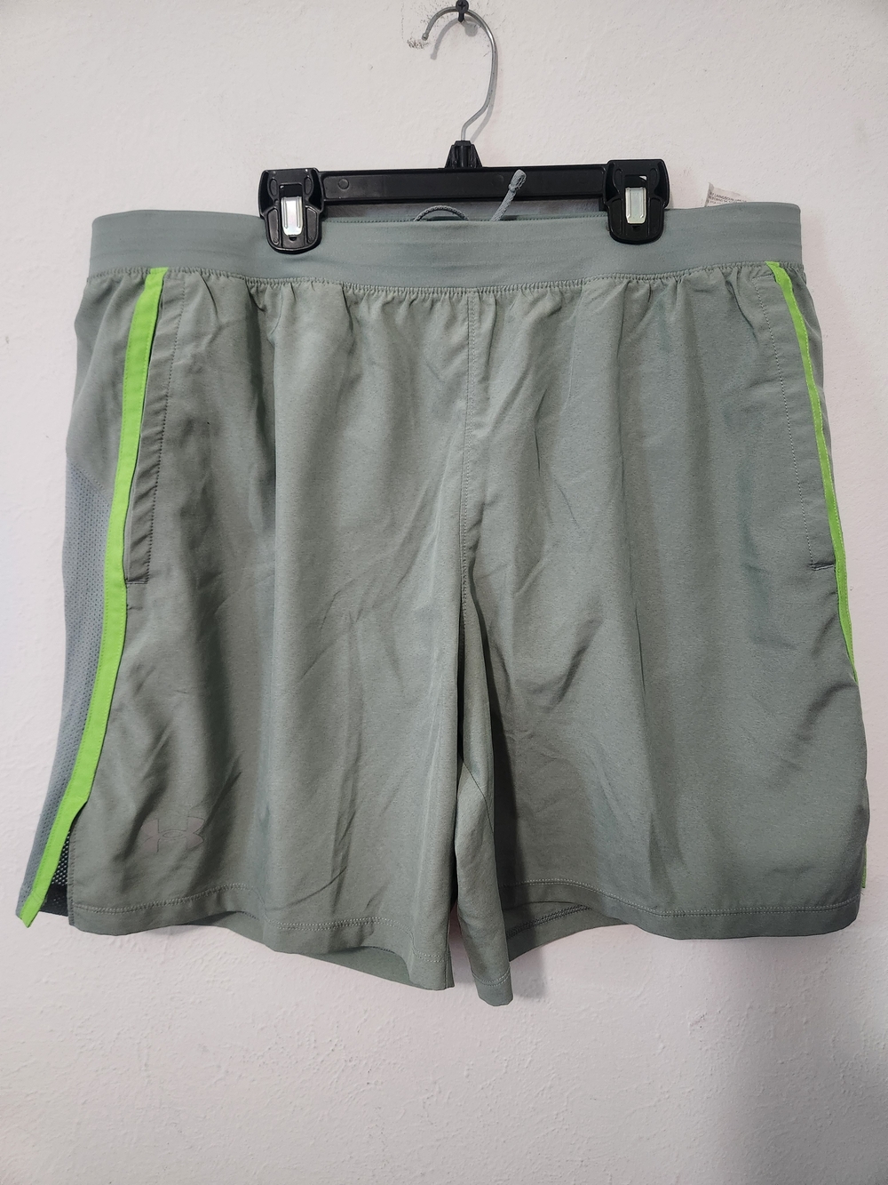 Under Armour Light Gray Athletic Shorts with Neon Green Stripe